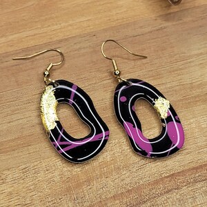 Pink, black and gold foil hand painted resin statement earrings handmade