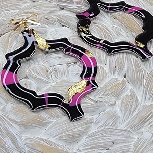 Pink, black and gold foil cutout hand painted resin statement earrings handmade