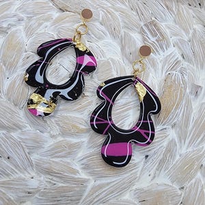 Pink, black and gold foil scalloped hand painted resin statement earrings handmade