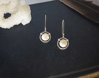 White Freshwater Pearl and Sterling Silver drop earrings; handmade, unique, coin shape, lustrous, elegant, character, everyday, gift, June