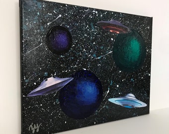 Pour Painting Original Acrylic Sci-Fi Mixed Media Painting Outer Space UFO Alien Stars