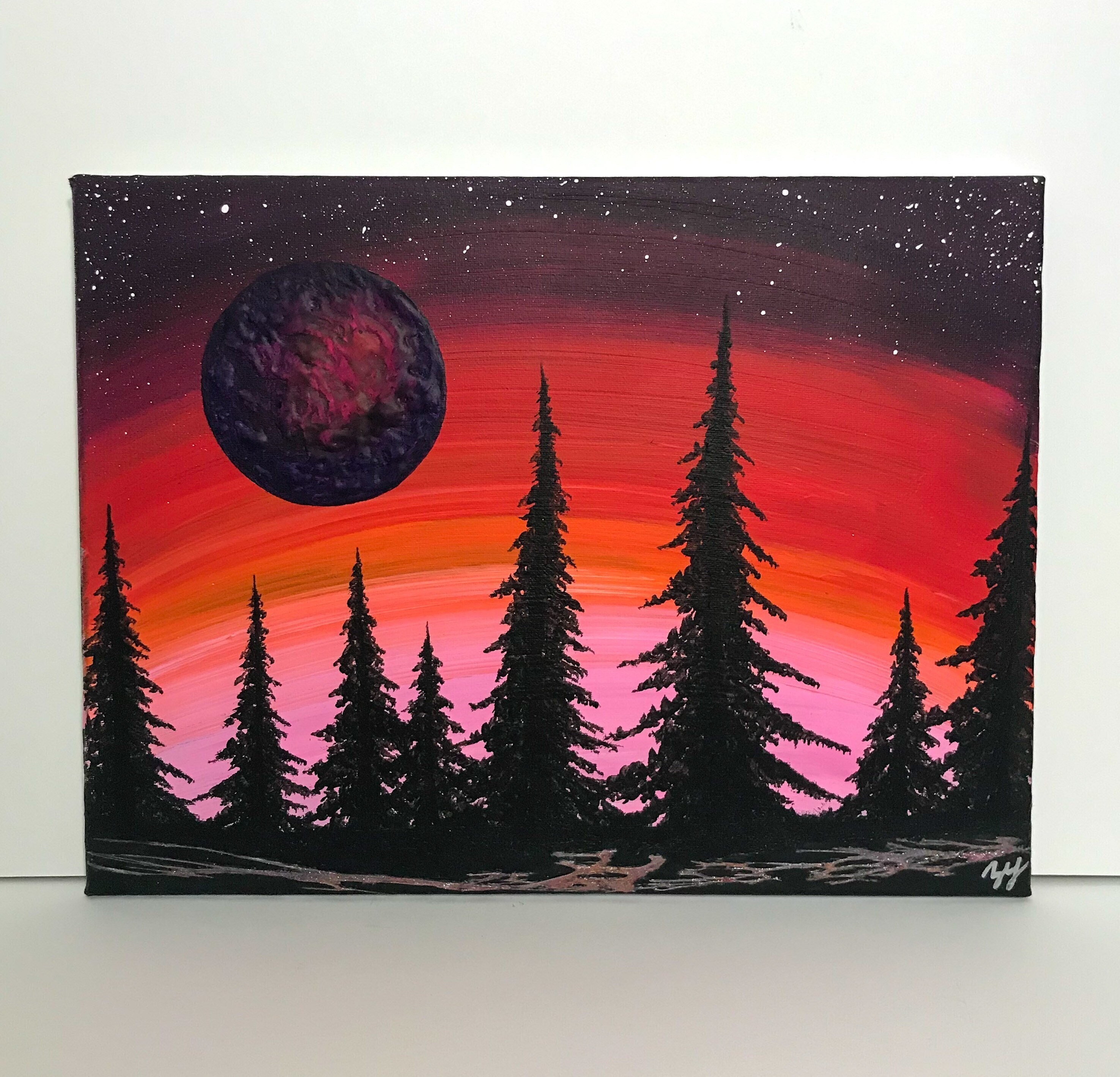 オリジナルアクリル画 夕焼け 森 月 星 夜空 - Etsy 日本