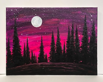 ボルドー色の小さな森　月夜を切りとっておく　水彩画原画 オリジナルアクリル＆水彩画 - (14インチ x 14インチ) - 夕焼け、月