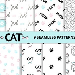Papel digital de gato, patrón de gato, patrones de gatitos, lindo sin costuras, descargar papel digital, paquete de 9 papeles digitales, uso comercial