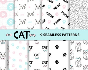 Cat digital paper, Cat pattern, kitten patterns, Cute seamless, Download Digital Paper, 9 digital paper pack, Commercial use