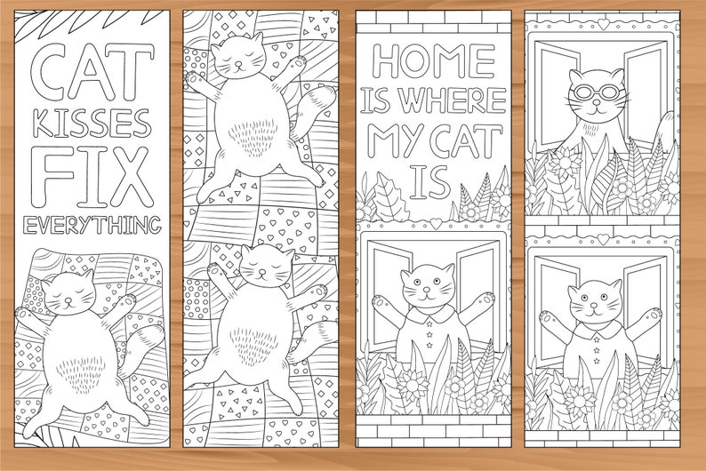 Cat Bookmark, 8 Coloring Bookmarks, Printable Quote Coloring, Cat
