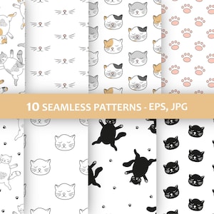 Cat digital paper, 10 Cat patterns, kitten patterns, Cute seamless, Download Digital Paper, digital paper pack