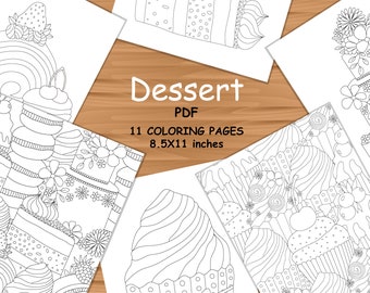 11 Desserts coloring pages, printable coloring book for kids and adults, sweets coloring, coloring book pdf, digital download