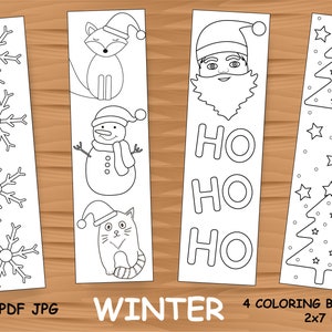 Collection of 4 coloring bookmarks. Winter and Christmas holiday coloring activity.