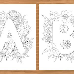 Alfabet, 26 afdrukbare kleurletters, bloemen kleuren, abc kleurboek, afdrukbaar alfabet, kleurplaten voor volwassenen, kleurplaten voor kinderen