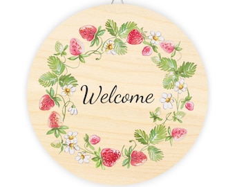 Letrero de madera de bienvenida con fresas, decoración rústica para el hogar, decoración de entrada de estilo rústico, regalo para casa nueva, arte mural de temporada.