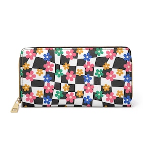 Floral Checkered Wallet, Women&#39;s Zipper Wallet, Flower Pattern Wallet, Organizer Women Purse, Gifts for Her, Trendy Wallet Zipper Clutch
