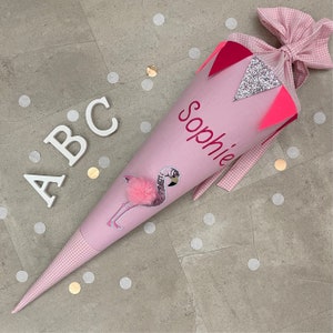 Cartable en tissu sac à sucre inscription scolaire 70 cm fait main - flamant rose