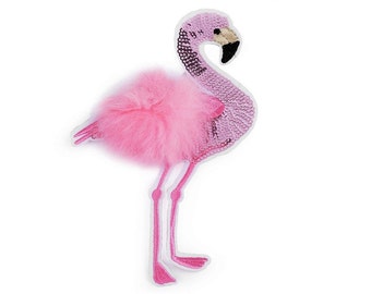 Patch iron-on flamingo pink sequins fur