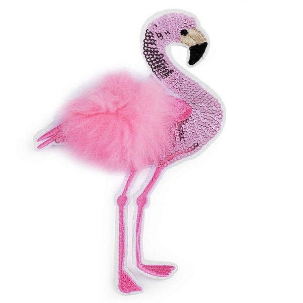 Aufnäher Aufbügler Flamingo pink rosa Pailletten Fell