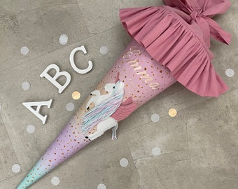 School cone fabric candy cone school enrollment 70 cm handmade - rising unicorn with ruffles