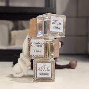 May include: Three small glass bottles with wooden caps and labels. The labels read "Melon Breeze Car Diffuser", "Bamboo Coconut Car Diffuser", and "Iced Vanilla Woods Car Diffuser".