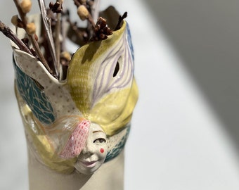 Unique Female Face Vase, Handmade Ceramic and Multicolor Pattern Pottery Vase, Woman Face Sculpture Vase, Modern and Minimalist