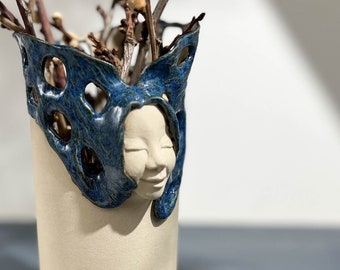 Handmade Ceramic Face Vase: Blue Glaze Woman Sculpture