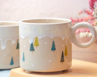 Christmas Pine Tree Handmade Ceramic Mug, Unique Pottery, Stoneware and Handmade Painting