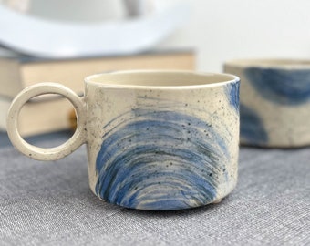 Handmade Ceramic Mug with Blue Brush Pattern, Stoneware 6.8 oz Pottery Mug Gift for Her or Him, Unique Handmade Mugs  for Couples