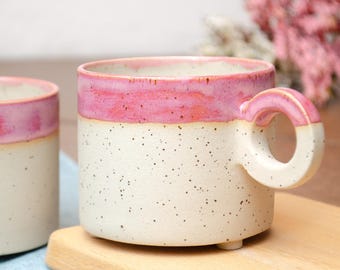 Handmade Speckled Ceramic Mug | Pink Dip Glaze, Stoneware Coffee Cup