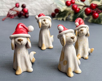 Christmas-themed Ceramic Dog Figurines with Red Hats  | Animal Lovers Minima Christmast Gift