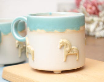 Embossed Horse Mug | Handmade Ceramic Coffee Cup, Turquoise Glaze