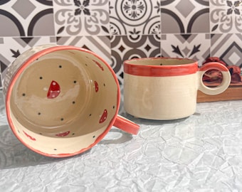 Handmade Ceramic Mug: Whimsical Mushroom Design, Red Rim