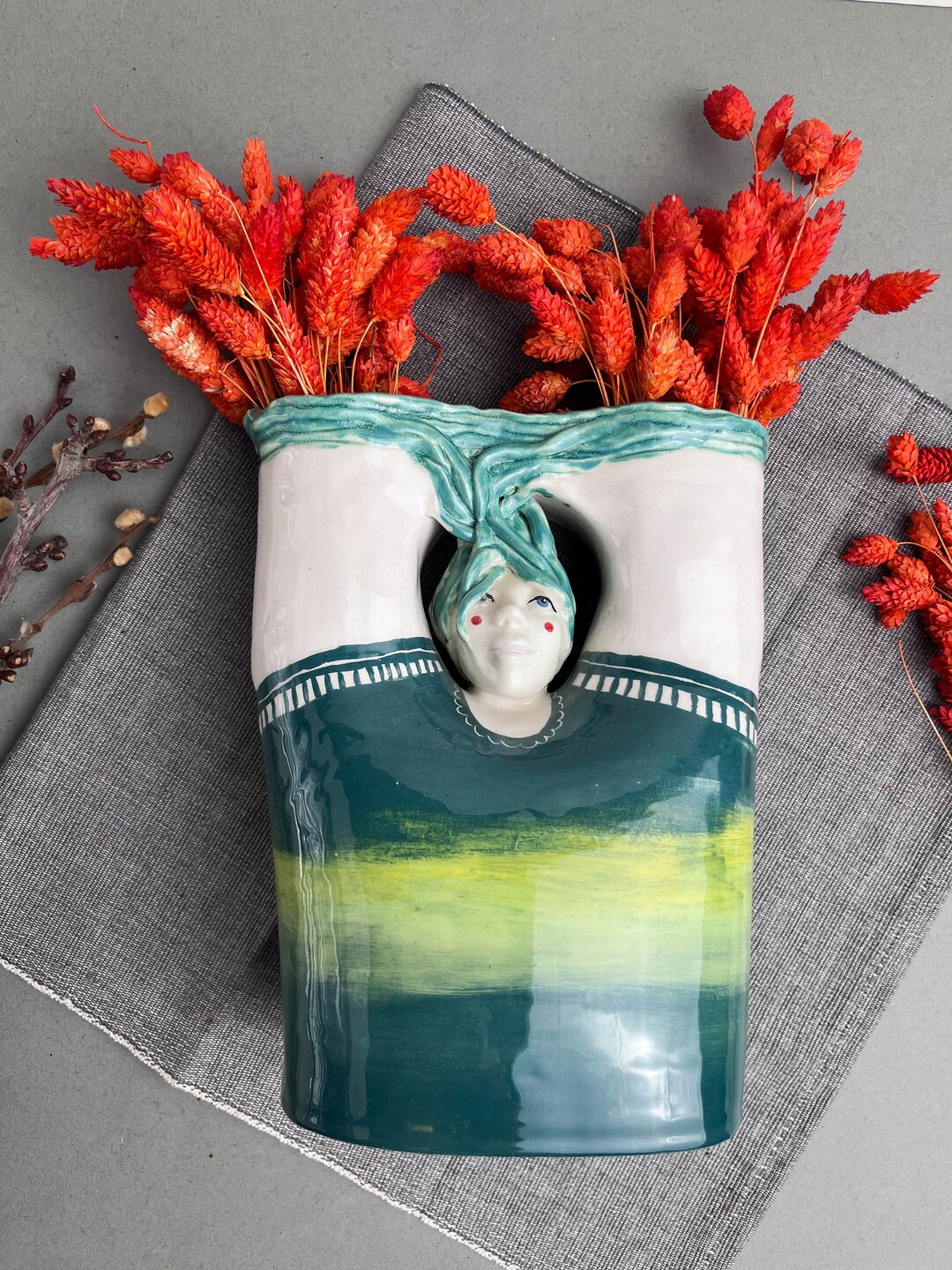 Handmade Ceramic Female Face Vase, Unique and Sleek Green Pottery Vase