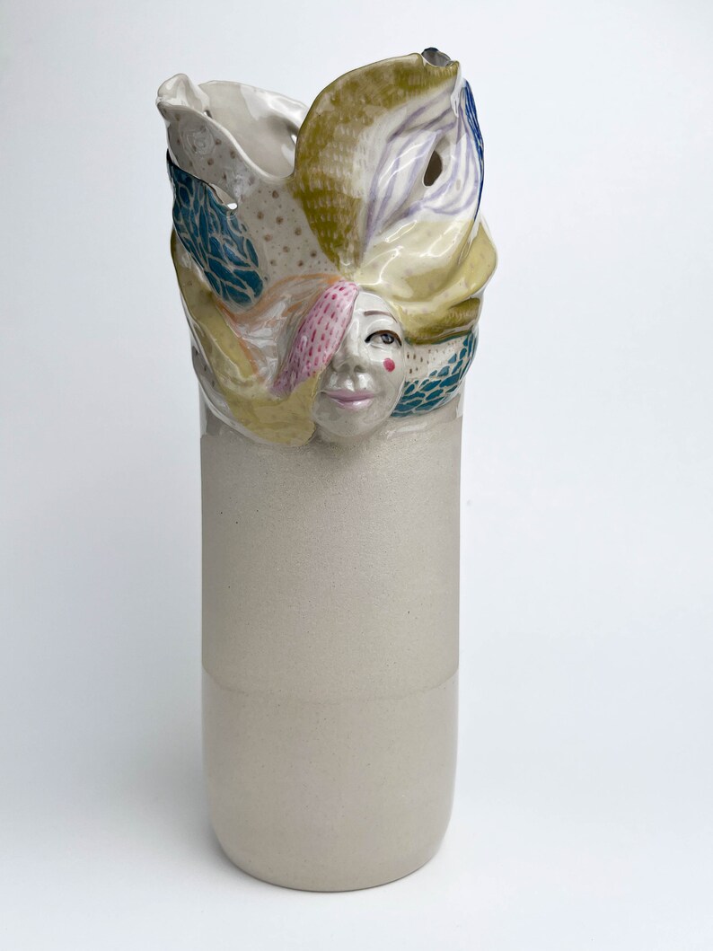 Unique Female Face Vase, Handmade Ceramic and Multicolor Pattern