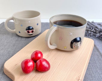 Handmade Ceramic Couple Mugs: Starry Design Artisan Cups