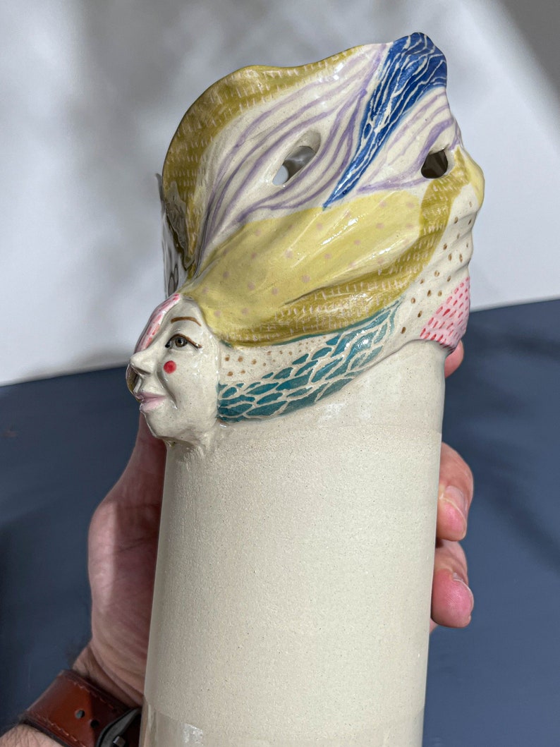 Unique Female Face Vase, Handmade Ceramic and Multicolor Pattern