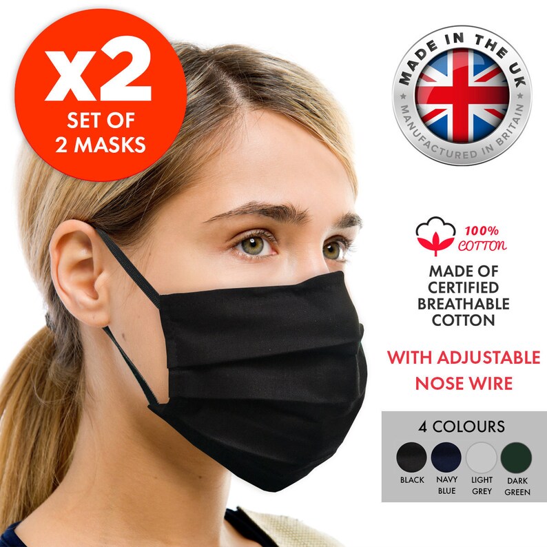 2-PACK - 100% Cotton Face Mask Guard - With nose wire - Double layer - Reusable & washable - UK-Made 