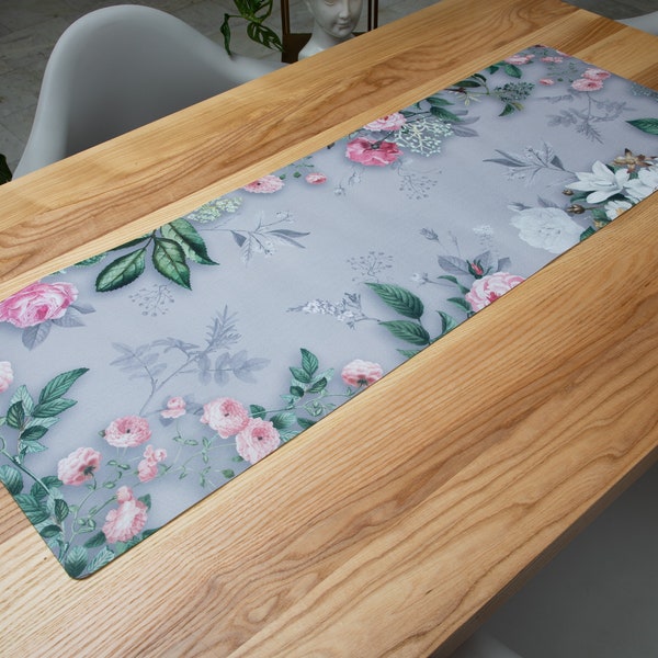 XL table runner made of felt - Melanie Gray / printed table runner / table ribbon with flowers / gray tablecloth / floral table runner