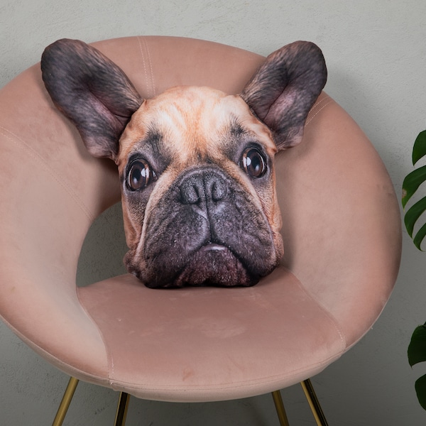 Oreiller pour chien 35 cm x 30 cm / Bouledogue français / Tête de chien / Oreiller en forme 3D avec chien / Oreiller décoratif avec remplissage / Cadeau / Animal de compagnie