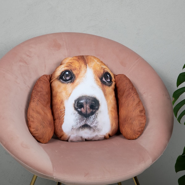 Coussin pour chien 35 cm x 30 cm / Beagle / tête de chien / coussin en forme 3D avec chien / coussin décoratif avec remplissage / cadeau / coussin en peluche pour animaux de compagnie