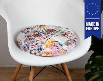 Sitzkissen Ø40cm - Blumenmosaik / Dekorativ Bedruckt mit Füllung / Stuhlkissen aus Velours / Dekoratives Sitzkissen / Chair Cushion