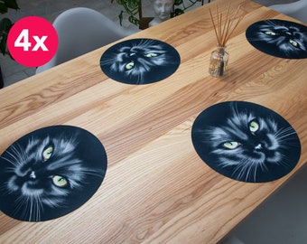 Tischsets 4er aus Filz (4 Stück) Ø33cm – Schwarze Katze / Bedruckte Tischmatten / Platzsets mit Druck / Runde Tischsets / Katze Motiv