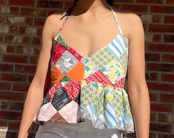 Patchwork crop top / Halter top / Reversible / Upcycled slow fashion / XXS to M