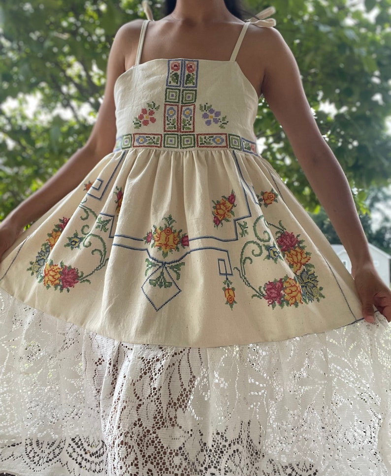 Tablecloth Dress / One of a Kind Dress / Embroidered Linen Dress / XS