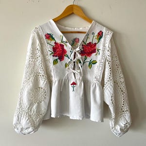 Prairie embroidered blouse / Heirloom embroidered top / Tablecloth top / upcycled blouse / Size M to XXL / Bust 36&quot; to 42&quot; / Waist 38&quot; max