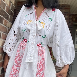 Embroidered Linen Prairie Dress: Upcycled Tablecloth Fabric, XS-M