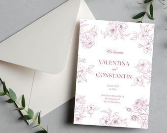 Hochzeitseinladung Floral Klassisch Pink | Stilvoll, elegant & zeitlos | Download anpassbare Canva Vorlage