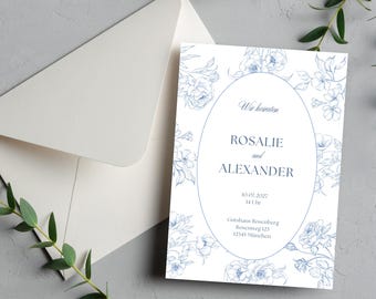 Hochzeitseinladung Floral Klassisch Blau | Stilvoll und elegant | Download anpassbare Canva Vorlage