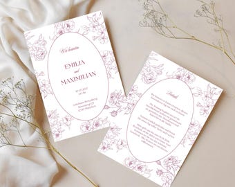 Hochzeitseinladung Floral Klassisch Pink | Stilvoll und elegant | Download anpassbare Canva Vorlage