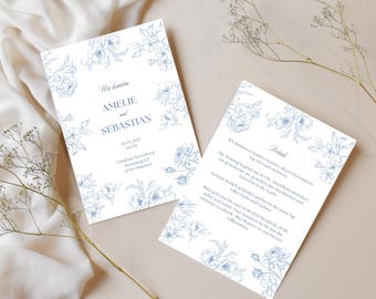 Hochzeitseinladung Floral Klassisch Blau | Stilvoll und elegant | Download anpassbare Canva Vorlage