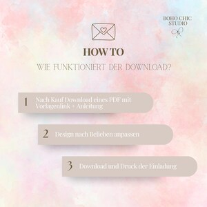 以下が含まれることがあります： 水彩画の背景に「HOW TO」と「WIE FUNKTIONIERT DER DOWNLOAD？」のテキストが入ったグラフィック。手順は、PDFをダウンロードし、デザインをカスタマイズし、招待状をダウンロードして印刷します。 Boho Chic Studioのロゴは右上です。