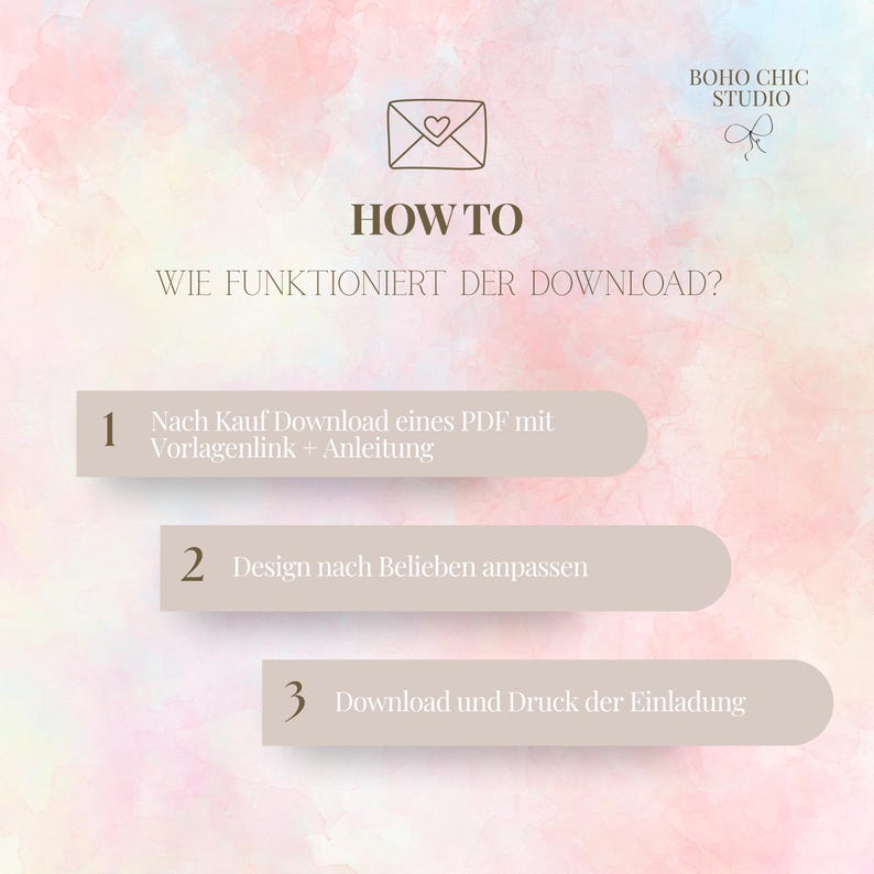 以下が含まれることがあります： 水彩画の背景に「HOW TO」と「WIE FUNKTIONIERT DER DOWNLOAD？」のテキストが入ったグラフィック。手順は、PDFをダウンロードし、デザインをカスタマイズし、招待状をダウンロードして印刷します。 Boho Chic Studioのロゴは右上です。