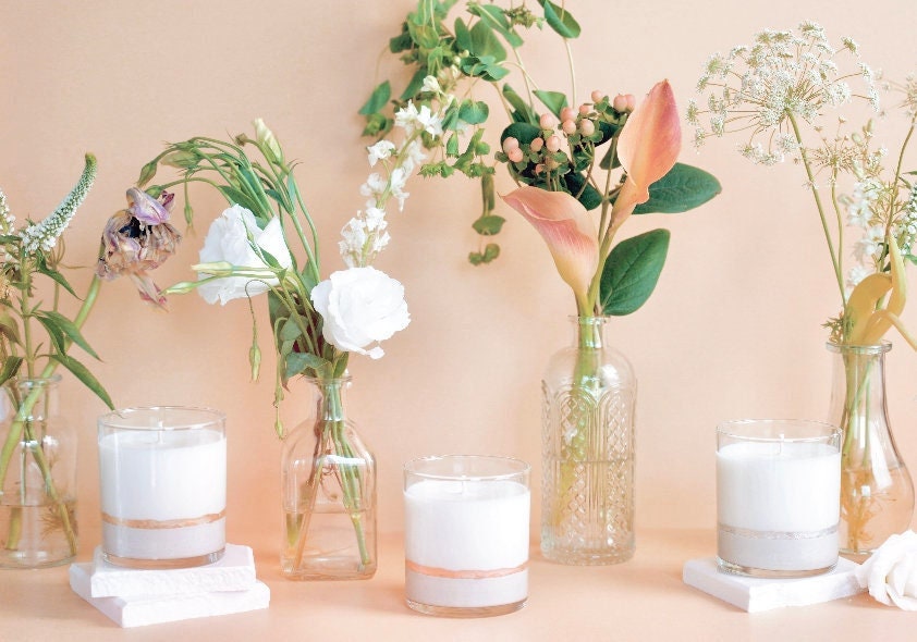 Bougie en Béton avec Feuille Métallique | Bougeoir Verre de Décoration Cadeau Pour Elle